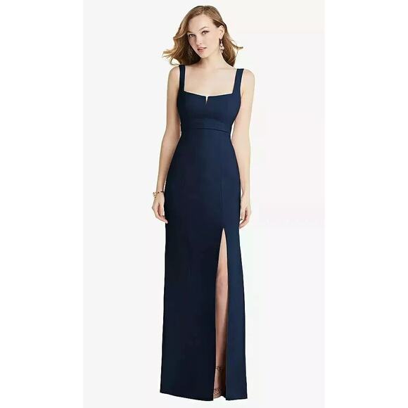 After Six Wide Strap Crepe Maxi Dress 0 Blue Empire Waist Front Slit Formal Gown - Picture 1 of 7
